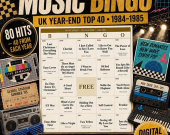 Music Bingo UK Year-end 1984-1985 — 800 Printable Cards, 4 Playlists, Instant PDF — Live Aid, Madonna, Wham! & the Power of Love