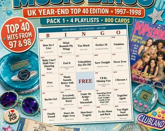 Music Bingo UK Year-End 1997-1998 — 800 Printable Cards, 4 Playlists, Instant PDF — Class of 98 Reunion, 90s Pub Night, Believe Era