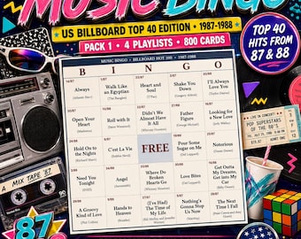Music Bingo Billboard 1987-1988 — 800 Printable Cards, 4 Playlists, Instant PDF — Faith Era, MTV Pop Peak, 80s Pub Night