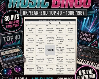 Music Bingo UK Year-end 1986-1987 — 800 Printable Cards, 4 Playlists, Instant PDF — Rick Astley, Pet Shop Boys, House & SAW