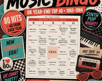 Music Bingo UK Year-end 1983-1984 — 800 Printable Cards, 4 Playlists, Instant PDF — Frankie, Wham!, Band Aid & the Event-Single Year