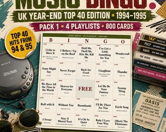 Music Bingo UK 1994-1995 — 800 Printable Cards, 4 Playlists, Instant PDF — Britpop, Oasis, Take That, Two Chart Straddlers