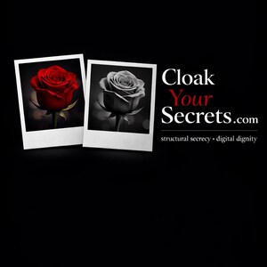 Op de afbeelding: Twee foto's van rozen in polaroidstijl tegen een zwarte achtergrond. E&eacute;n roos is rood, de andere is grijstinten. Tekst luidt "Cloak Your Secrets.com" met de slogan "structural secrecy &bull; digital dignity."