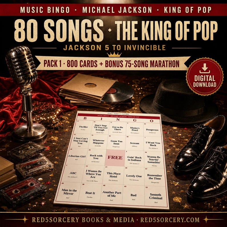 Michael Jackson Music Bingo — King of Pop, Jackson 5 to Invincible — 800 Cards + Bonus 75-Song Marathon (200 Cards) — 80 Hits Party Game image 1
