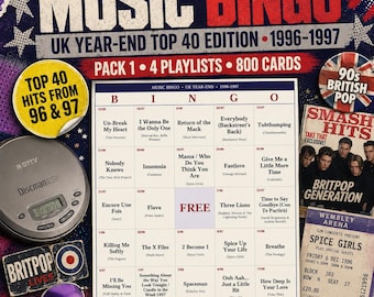Music Bingo UK 1996-1997 — 800 Printable Cards, 4 Playlists, Instant PDF — Spice Girls Peak, Candle in the Wind, Britpop, Eurodance