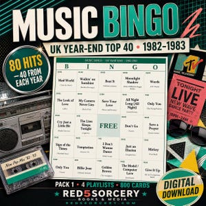 May include: A Music Bingo game card featuring UK Year-End Top 40 hits from 1982-1983. The design includes a boombox, a cassette tape labeled New Pop Mix 82-83, MTV logo, and sunglasses. The grid lists song titles and artists with a central free space.