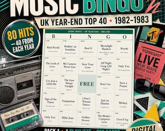 Music Bingo UK Year-end 1982-1983 — 800 Printable Cards, 4 Playlists, Instant PDF — New Pop, MTV & the Second British Invasion