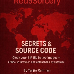 Könnte beinhalten: Ein rotes Buchcover mit dem Titel "Red5Sorcery" und dem Text "SECRETS & SOURCE CODE." Es enthält auch den Text "Verschlüsseln Sie Ihre ZIP-Datei in zwei Bildern - offline, im Browser und unantastbar durch Quanten."