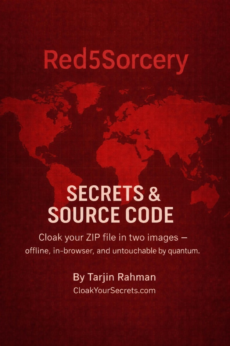 Op de afbeelding: Een rode boekomslag met de titel "Red5Sorcery" en de tekst "SECRETS & SOURCE CODE." Het bevat ook de tekst "Verberg uw ZIP-bestand in twee afbeeldingen - offline, in de browser en onaantastbaar door quantum."