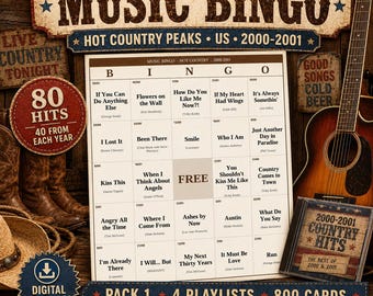 Music Bingo Hot Country Era Pack 2000-2001 | Top 40 Peaks From Each Year | 800 Cards, 4 Playlists | Instant Download