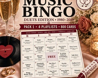 Music Bingo Duets Edition — 800 Printable Cards, 4 Playlists, Instant PDF Download — Wedding Reception Game, Valentine's Party, Engagement