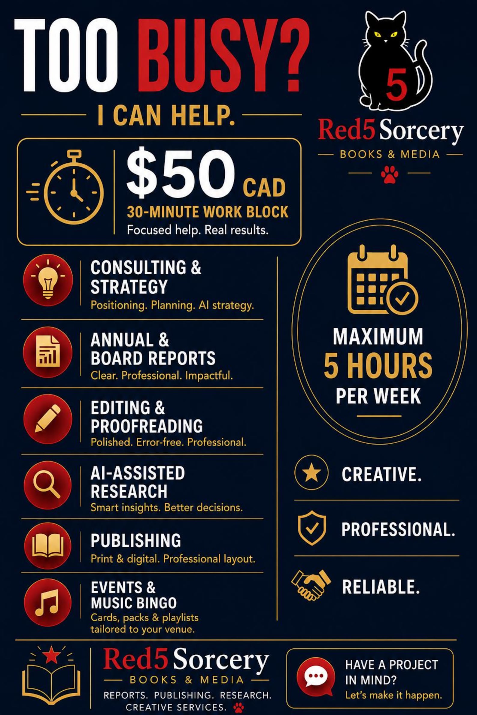 Too Busy? I Can Help &mdash; Red5Sorcery 30-minute professional work block
