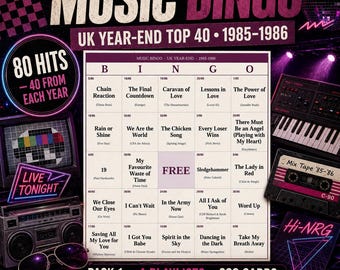 Music Bingo UK Year-end 1985-1986 — 800 Printable Cards, 4 Playlists, Instant PDF — Communards, Madonna, EastEnders & 21 Number Ones