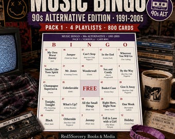 Music Bingo 90s Alternative Edition — 800 Printable Cards, 4 Playlists, Instant PDF Download — Alt Rock Bingo, Grunge Party Game