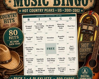 Music Bingo Hot Country Era Pack 2001-2002 | Top 40 Peaks From Each Year | 800 Cards, 4 Playlists | Instant Download