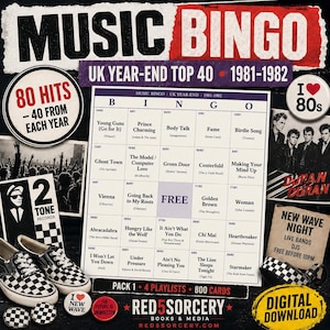 May include: A Music Bingo game set featuring a UK Year-End Top 40 1981-1982 card, 80 hits, and a digital download label. The design includes black and white checkered patterns, a list of classic songs, and promotional text for Red 5 Sorcery.