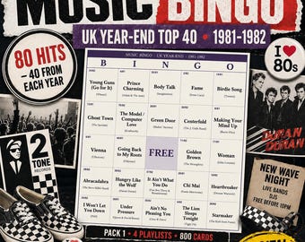 Music Bingo UK Year-end 1981-1982 — 800 Printable Cards, 4 Playlists, Instant PDF — Synth-Pop Era, New Pop & MTV, 80s Pub Night