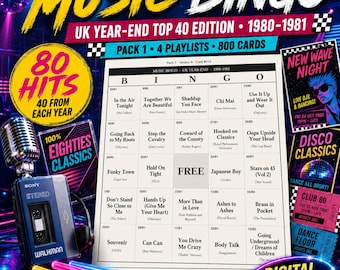 Music Bingo UK Year-end 1980-1981 — 800 Printable Cards, 4 Playlists, Instant PDF — 2-Tone & Ska, Synth-Pop Dawn, 80s Pub Night