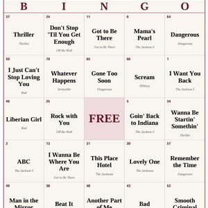 May include: A Music Bingo card titled Michael Jackson King of Pop, featuring a 5x5 grid with the letters B, I, N, G, O at the top. Each square contains a song title and album name, with a central square labeled FREE. The card has a dark red border.
