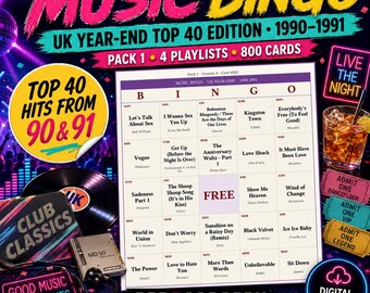 Music Bingo UK 1990-1991 — 800 Printable Cards, 4 Playlists, Instant PDF — Bryan Adams, Queen, KLF, Madchester & Stadium Rave