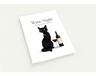 Black Cat Diaries Greeting Card — "Wine Night. " Pack of 10, Blank Inside, 4.25" x 5.5", Envelopes not included.