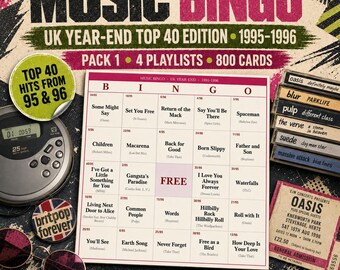 Music Bingo UK 1995-1996 — 800 Printable Cards, 4 Playlists, Instant PDF — Spice Girls Debut, Take That Split, Britpop, Oasis