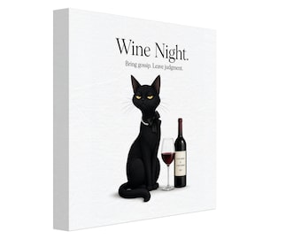 Black Cat Diaries Wine Night canvaskunst 8 "x 8" - grappige kat cartoon muurdecoratie - schattig cadeau wijnliefhebber - grillige thuisbar keukendecor