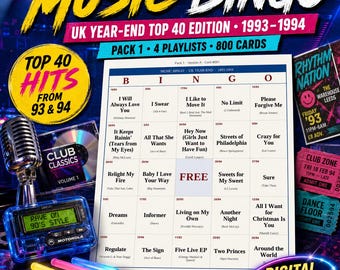 Music Bingo UK 1993-1994 — 800 Printable Cards, 4 Playlists, Instant PDF — Take That, Wet Wet Wet, Eurodance, Club Classics