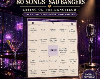 Sad Bangers Music Bingo — Crying on the Dancefloor, 1981–2021 — 800 Cards + Bonus 75-Song Marathon (200 Cards) — 80s 90s Party