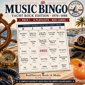 May include: A "Music Bingo" game card with a yacht rock theme, featuring song titles from 1976-1986. The card includes a bingo grid, a ship's wheel, a compass, and a cocktail. The text on the card reads "Yacht Rock Edition" and "Pack 1 - 4 Playlists - 800 Cards."