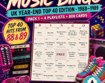 Music Bingo UK Year-End 1988-1989 — 800 Printable Cards, 4 Playlists, Instant PDF — Class of 89, 80s Pub Night, Kylie & Black Box