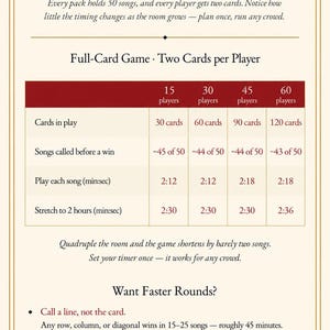 May include: A cream-colored guide titled "The Host's Guide" for a music bingo game. The guide provides timing information for a two-hour game, including the number of cards in play and songs called before a win. It also includes tips for faster rounds.