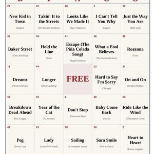May include: A music bingo card featuring Yacht Rock songs from 1976-1986. The card has a blue background with song titles and artist names in white. The word "FREE" is in the center. The card is labeled "Pack 1 - Version A - Card #001".