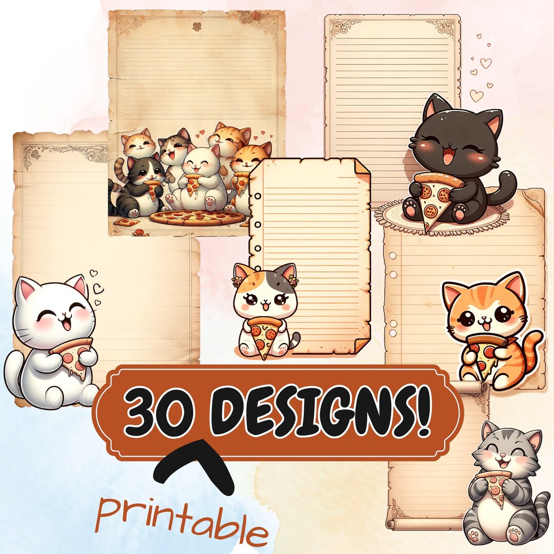 Cute Kawaii Cat With Pizza | Junk Journaling | Scrapbooking | Digital ...