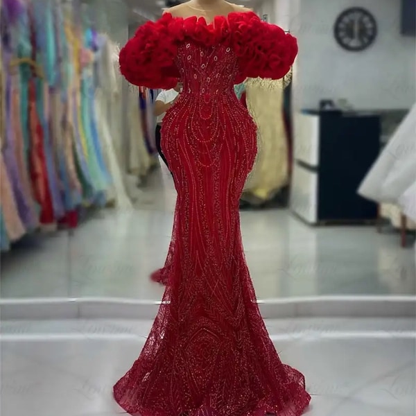 Red Mermaid Evening Gown Beads Crystal Ruffles Dress for Wedding Dinner Prom Custom
