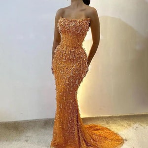 Luxury Mermaid Evening Gown Beads Sleeveless Crystals Sequin Lace Dress for Wedding Dinner Prom Custom