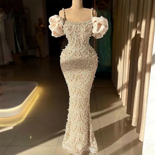 Luxury Mermaid Evening Gown Beads Ruffle Full Pearls  Spagetti Sleeve Dress for Wedding Dinner Prom Custom