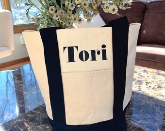 Custom Text Canvas Tote Bag, Black and Beige, Personalized Gift, Bridesmaid Wedding