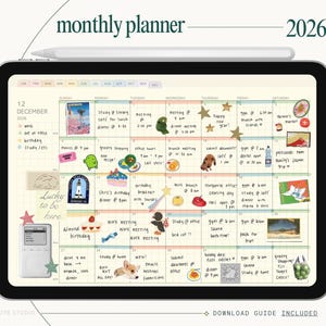 Może przedstawiać: Cyfrowy miesięczny planer na rok 2026 na tablecie, z kalendarzem grudniowym z naklejkami i odręcznymi notatkami. Planer zawiera tekst "monthly planner" i "Lucky to be here."