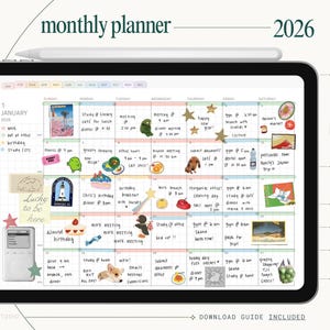 Może przedstawiać: Cyfrowy miesięczny planer na rok 2026 na tablecie, z układem siatki i ilustracjami. Planer zawiera tekst "monthly planner" i "2026". Jest przeznaczony do aplikacji do robienia notatek i jest w formacie poziomym.