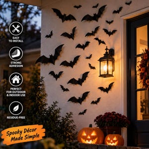 May include: A collection of black bat-shaped wall decals arranged on an exterior wall near a lit porch lantern and two glowing jack-o'-lanterns. The text on the left side includes EASY TO INSTALL, STRONG ADHESION, PERFECT FOR OUTDOOR & INDOOR USE, RESIDUE-FREE, and Spooky Décor Made Simple.