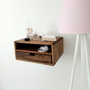 Floating Walnut Nightstand with Drawer and Shelf – Solid Wood Bedside Table – Mid Century Wall Mounted Nightstand