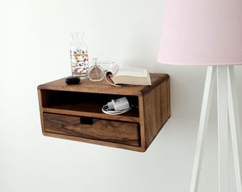 Floating Walnut Nightstand with Drawer and Shelf – Solid Wood Bedside Table – Mid Century Wall Mounted Nightstand