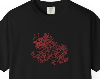 Red Dragon T-Shirt: East Asian Line Art, Tattoo Style Graphic