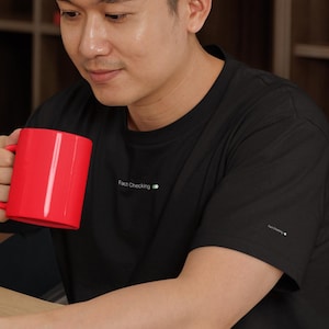 May include: A person reading a book while holding a bright red mug. The person is wearing a black t-shirt with the text "Fact Checking". Bookshelves filled with books are in the background.