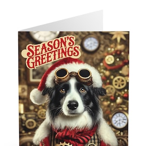 Conjunto de 5 cartões de cachorro do Papai Noel Steampunk Border Collie - Saudação festiva de Ano Novo para amantes de cães, inclui envelopes, design divertido e caprichoso