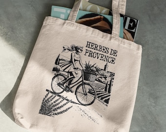 Bolsa de tela Herbes de Provence: Ilustración de una bicicleta de un mercado francés, lona de algodón natural