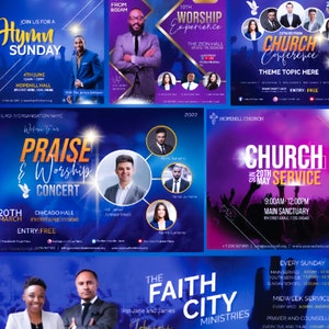 以下が含まれることがあります： 教会の礼拝やイベントを宣伝するカラフルなチラシのコレクション。チラシには、人々の写真、テキスト、紫、青、ピンクなど、さまざまな色が使用されています。