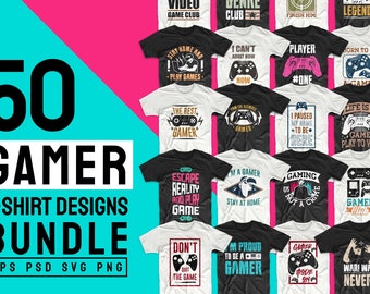 May include: A collection of 50 gamer t-shirt designs in a bundle. The designs feature various gaming-related graphics and text, such as controllers, characters, and slogans. The designs are available in EPS, PSD, SVG, and PNG formats.