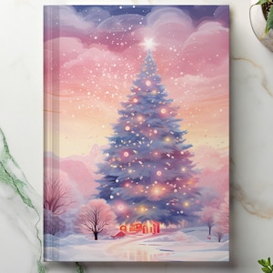 Pastel pink and purple winter wonderland Christmas notebook features a large, glowing Christmas tree in a snowy landscape. The tree is adorned with soft purple and pink ornaments and twinkling lights.  The scene is set against a dreamy, sunset sky. The notebook cover is perfect for the holiday season. whimsical pretty, teenage girl gifts, watercolor, unique journals, gift exchange, hardcover notebook, journal for kids, pink girls gift, stocking stuffer, niece gift from aunt, gift for daughter